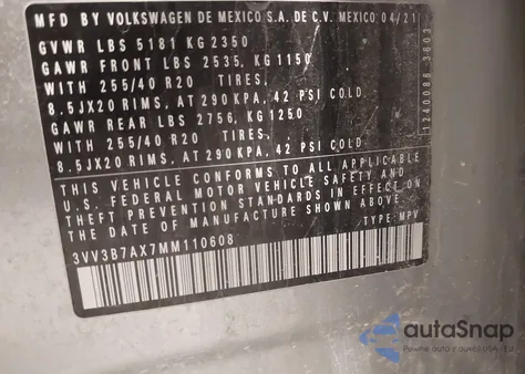 2021 Volkswagen Tiguan 2.0T Se/2.0T Se R-Line Black/2.0T Sel z USA, uszkodzony, nr VIN 3VV3B7AX7MM110608